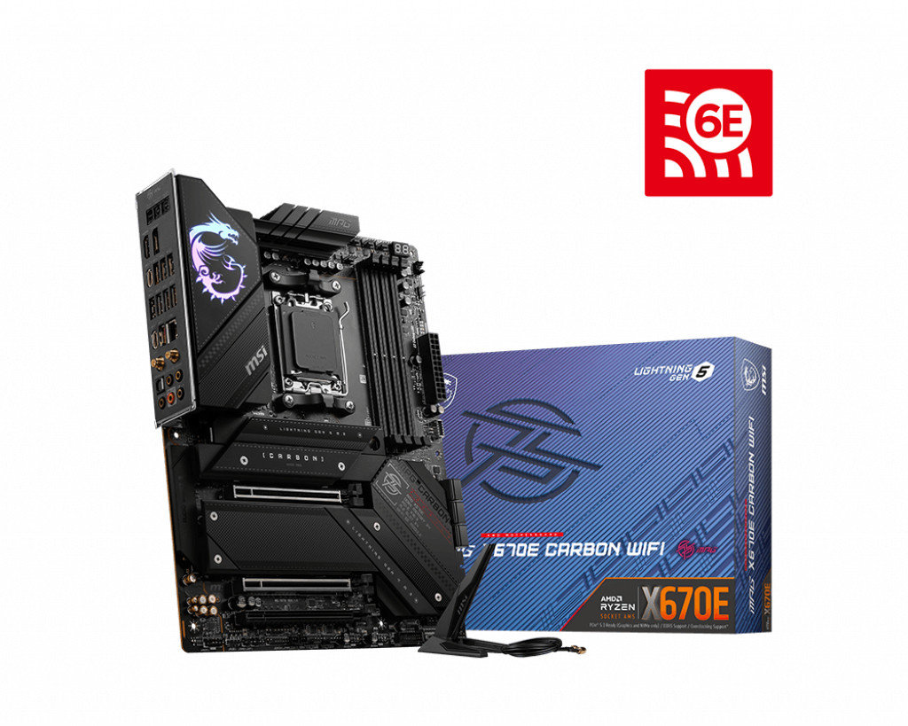 MSI | MPG X670E CARBON WIFI | Processor family AMD | Processor socket AM5 | DDR5 DIMM | Memory slots 4 | Supported hard disk drive interfaces 	SATA, M.2 | Number of SATA connectors 6 | Chipset AMD X670 | ATX