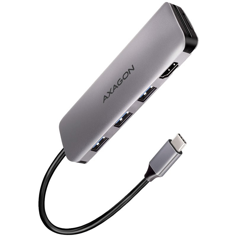 Axagon Multi port USB 3.2 Gen 1 hub. HDMI, card reader and three USB-A outputs. Cable USB-C 20 cm.