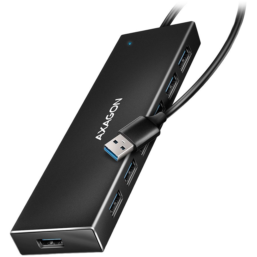 Seven-port USB 3.2 Gen 1 hub with charging support. Connector for external power supply. USB-A cable 1 m.