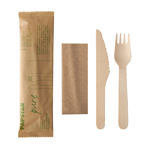 PAPSTAR söögiriistade komplekt, puidust, ühekordne, kahvel, nuga, salvrätik, pakis 50 tk