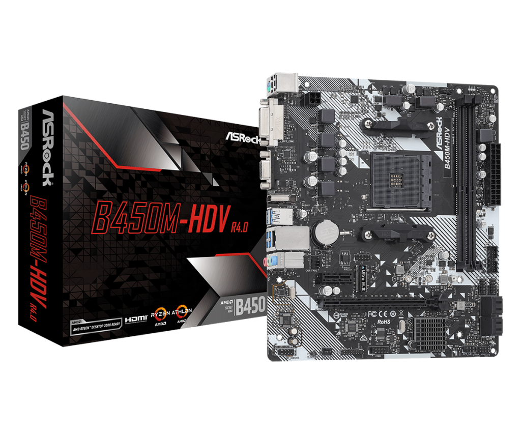 ASRock B450M-HDV R4.0 Processor family AMD Processor socket AM4 DDR4 DIMM Memory slots 2 Supported hard disk drive interfaces 	SATA, M.2 Number of SATA connectors 4 Chipset AMD Promontory B450 Micro ATX