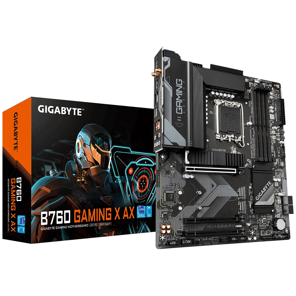 Gigabyte | B760 GAMING X AX 1.1 M/B | Processor family Intel | Processor socket  LGA1700 | DDR5 DIMM | Memory slots 4 | Supported hard disk drive interfaces 	SATA, M.2 | Number of SATA connectors 4 | Chipset Intel B760 Express | ATX
