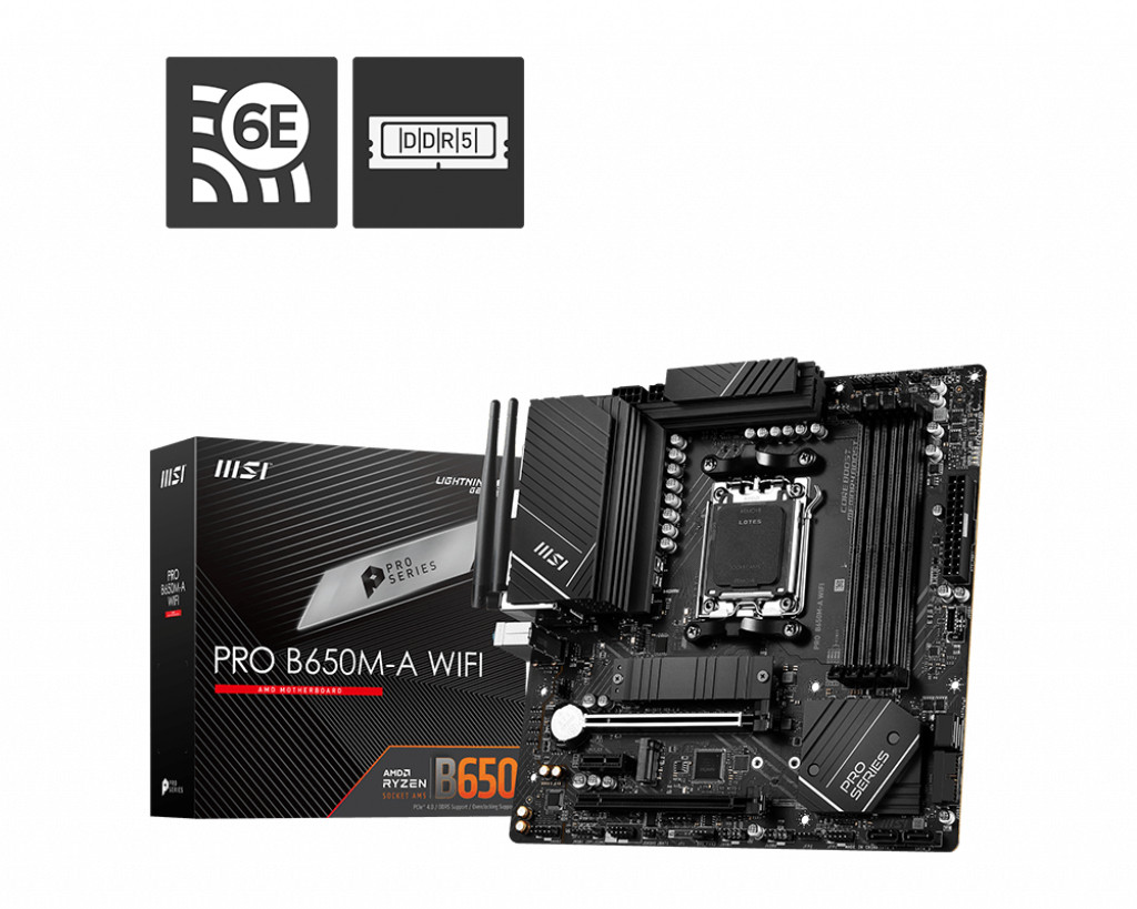 MSI | PRO B650M-A WIFI | Processor family AMD | Processor socket AM5 | DDR5 DIMM | Memory slots 4 | Supported hard disk drive interfaces 	SATA, M.2 | Number of SATA connectors 4 | Chipset AMD B650 | mATX