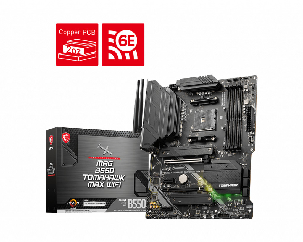 MSI | MAG B550 TOMAHAWK MAX WIFI | Processor family AMD | Processor socket AM4 | DDR4 DIMM | Memory slots 4 | Supported hard disk drive interfaces 	SATA, M.2 | Number of SATA connectors 6 | Chipset AMD B550 | ATX