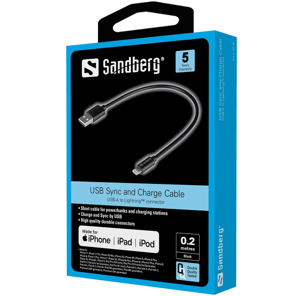 SANDBERG USB>Lightning MFI 0.2m Black