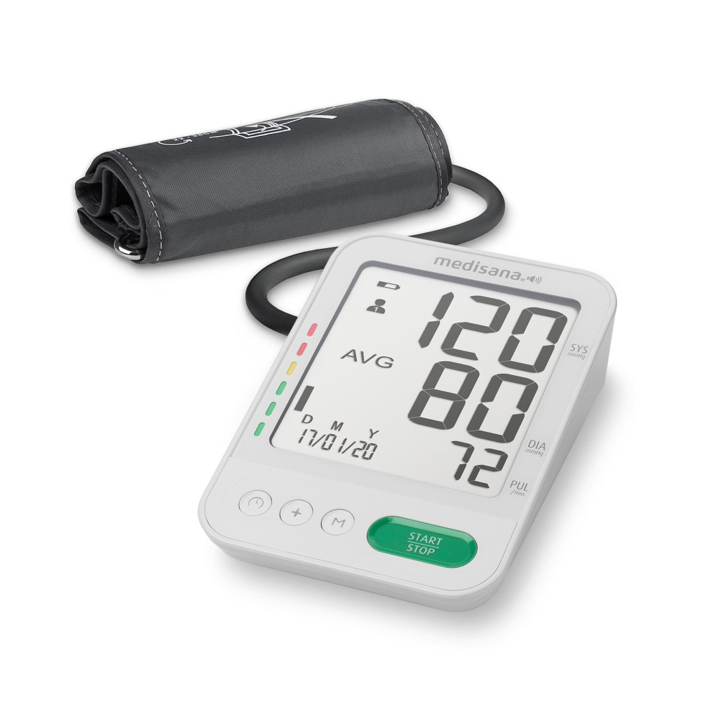 Medisana Voice  Blood Pressure Monitor  BU 586 Memory function Number of users 2 user(s) Memory capacity 	120 memory slots Upper Arm 4 Voice output in national language selectable: DE, GB, NL, FR, IT, TR. Blood pressure classification – classification of measured values with traffic light colour scale. Indication of irregular heartbeat White