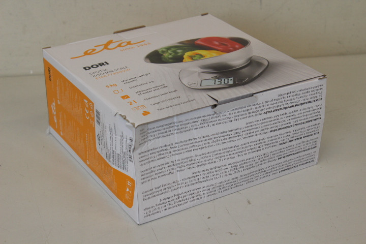 SALE OUT. ETA ETA677890000 Dori Kitchen scale, Stainless steel ETA Kitchen scale ETA677890000 Dori Maximum weight (capacity) 5 kg, Graduation 1 g, Display type LCD, Stainless steel, DAMAGED PACKAGING