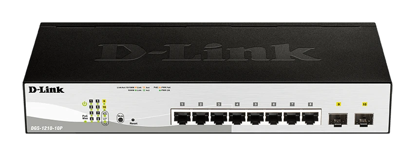 D-LINK DGS-1210-10P, Gigabit Smart III Switch with 8 10/100/1000Base-T PoE ports and 2 combo 1000Base-T/MiniGBIC (SFP) ports, 802.3x Flow Control, Port Trunking, 802.1Q VLAN, 802.1p Priority Queues, Port mirroring, Jumbo Frame support, 802.1D STP, ACL, LLDP, Cable Diagnostics, Voice VLAN, CLI | D-Link | 24 month(s)