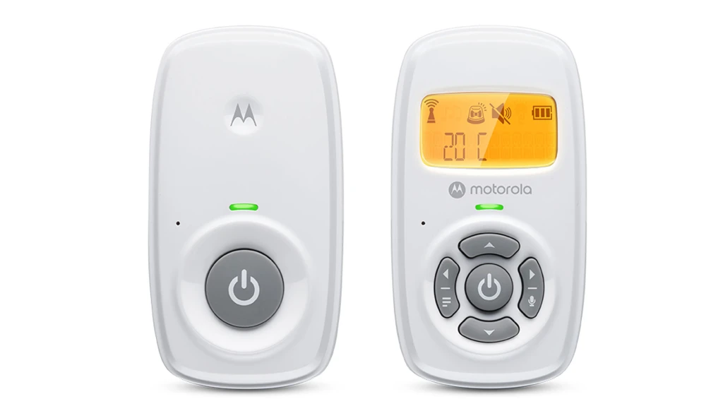 Motorola | Audio Baby Monitor | AM24 | 1.5” LCD black and white display with orange backlight; 1.5” LCD black and white display with orange backlight; Connect one baby unit to two parent units to monitor from different rooms; Rechargeable portable parent unit with 10 hours playtime; Two-way talk with high-sensitivity microphone; Room temperature mo