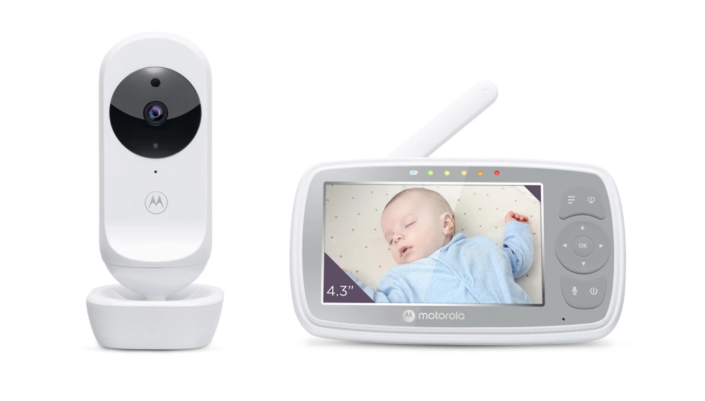 Motorola | Wi-Fi Video Baby Monitor | VM44 CONNECT 4.3" | 4.3" LCD colour display with 480 x 272px resolution; 2x digital zoom; Two-way talk; Room temperature monitoring; Infrared night vision; Visual sound level indicator; High sensitivity microphone; Out-of-range and low battery alerts; Secure and private connection | White