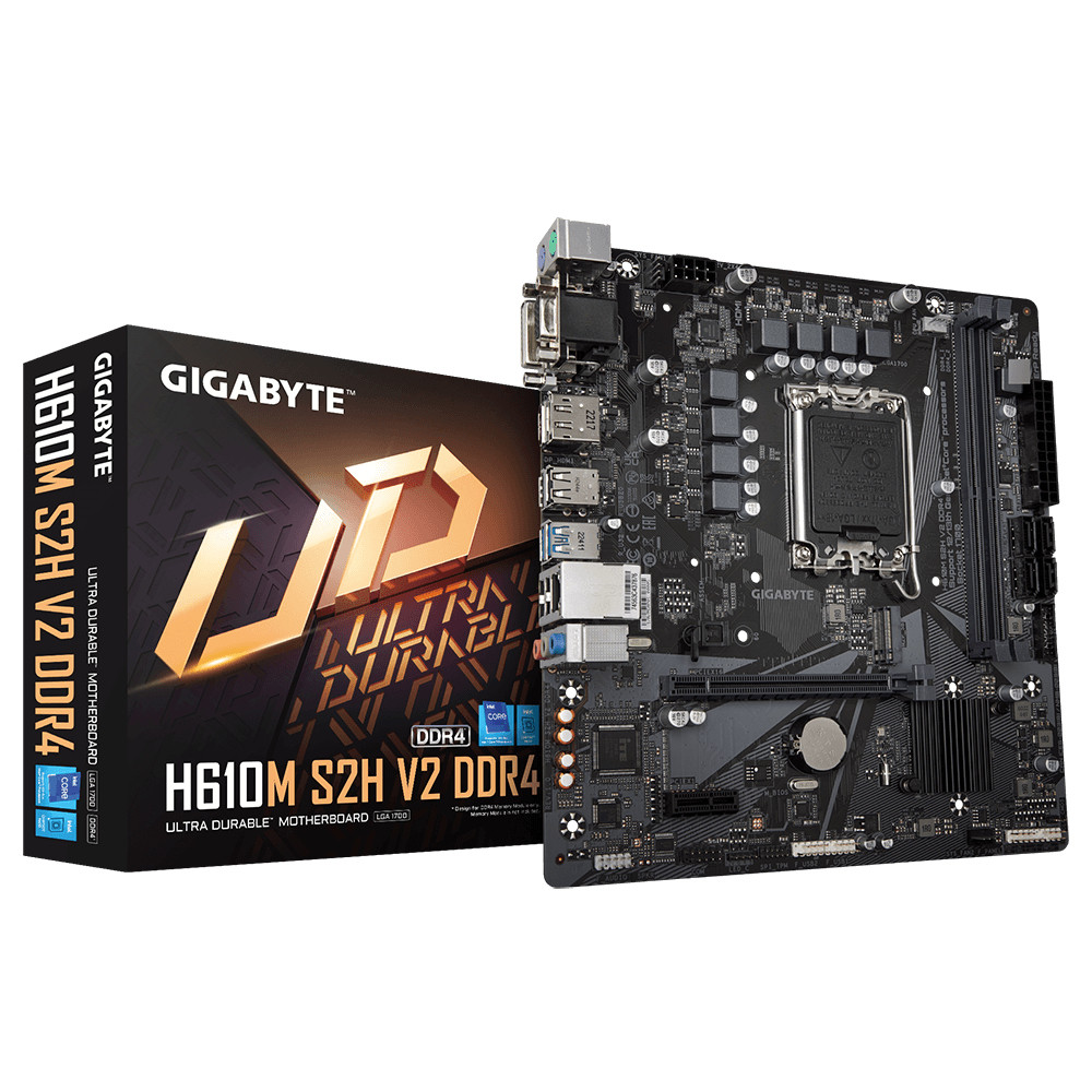 Gigabyte | H610M S2H V2 DDR4 | Processor family Intel | Processor socket  LGA1700 | DDR4 DIMM | Memory slots 2 | Supported hard disk drive interfaces 	SATA, M.2 | Number of SATA connectors 4 | Chipset Intel H610 Express | Micro ATX