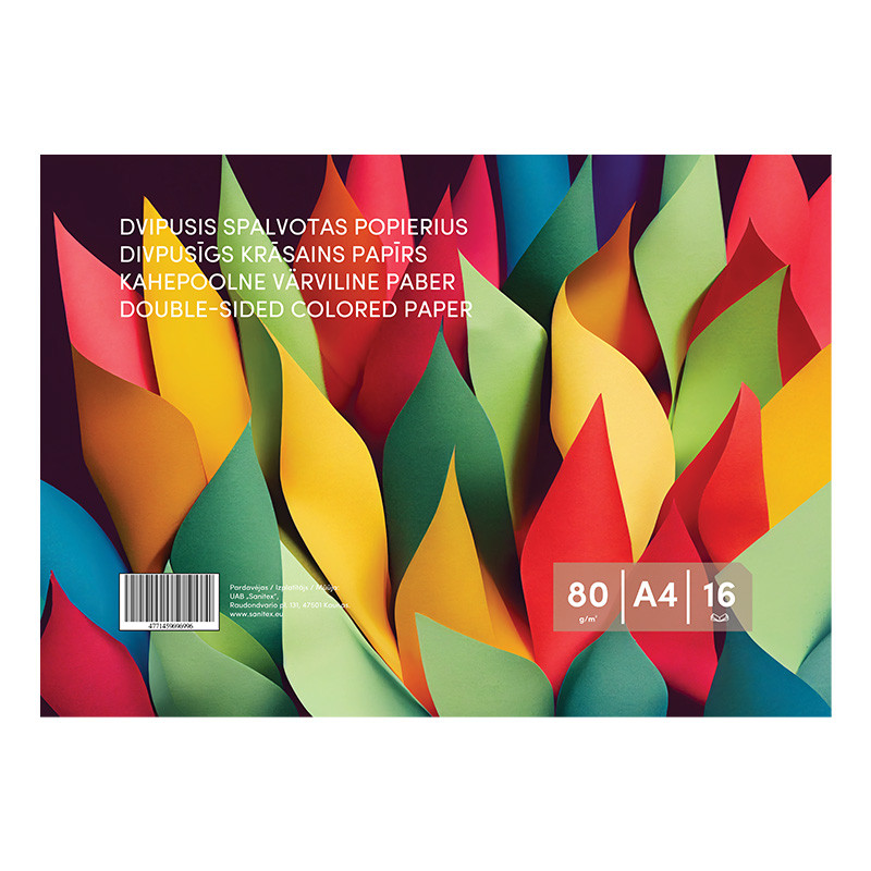 Kahepoolne värviline paber, 16 lehte, A4, 80 gsm