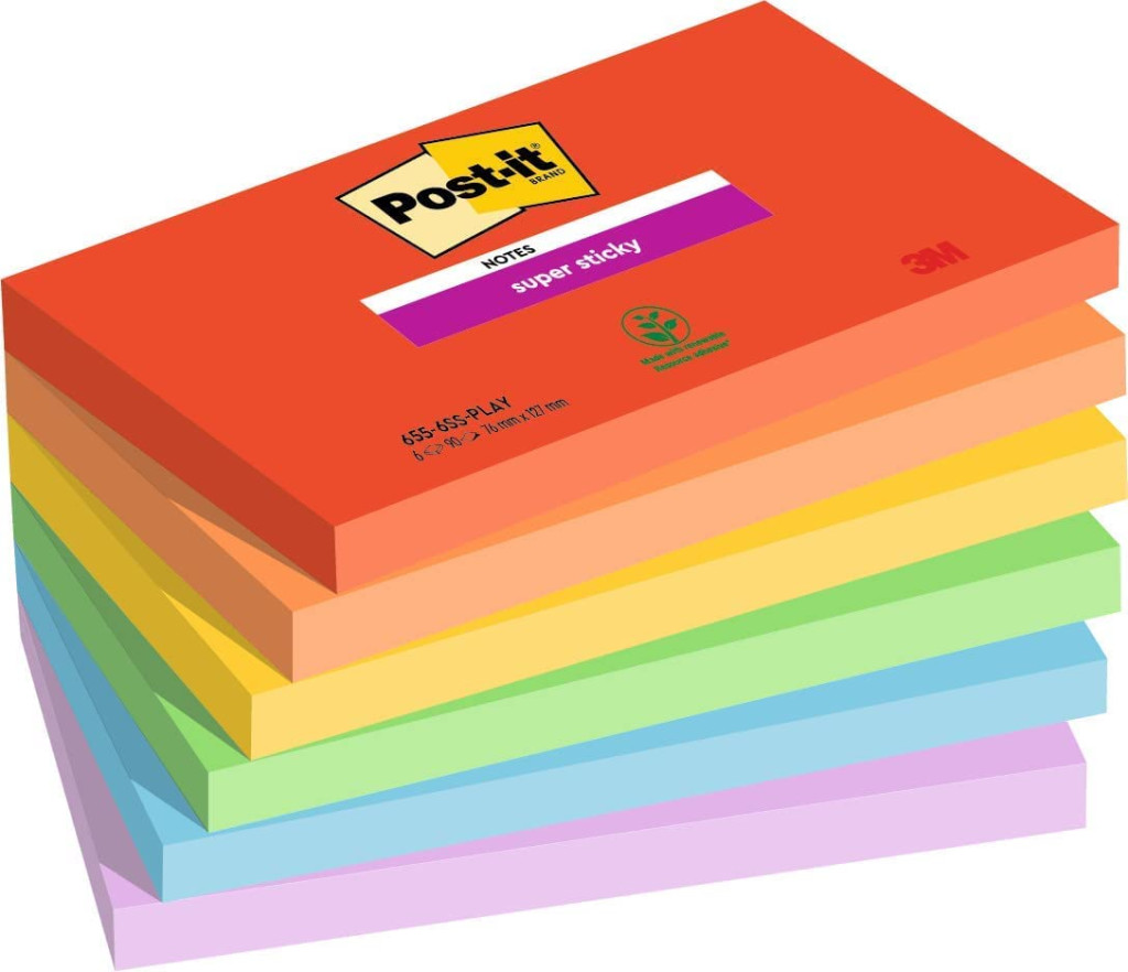 Märkmepaber Post-it® Super Sticky, Playful Color, 76mm x 127mm, 6 tk