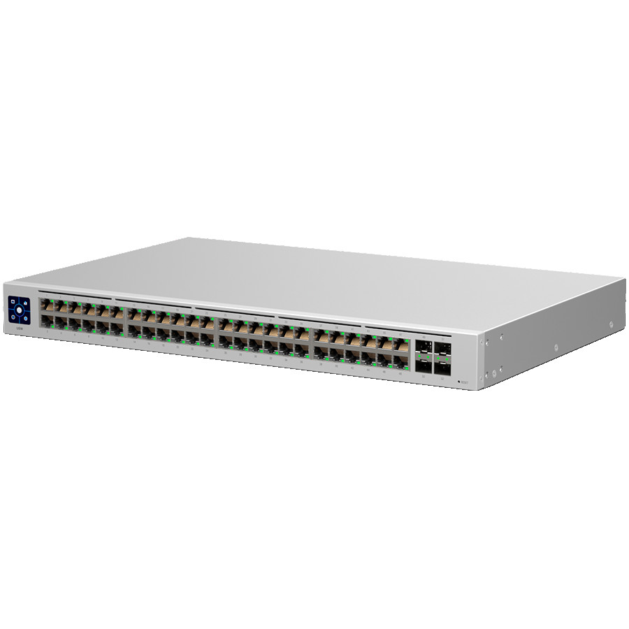 Ubiquiti USW-48 48-port, Layer 2 switch, 48 x GbE ports, 4 x 1G SFP ports, Fanless, silent cooling, ESD/EMP protection, 1.3" touchscreen LCM display, Rackmount (Kit included)