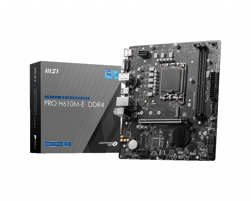 MSI | PRO H610M-E DDR4 | Processor family Intel | Processor socket  LGA1700 | DDR4 DIMM | Memory slots 2 | Supported hard disk drive interfaces 	SATA, M.2 | Number of SATA connectors 4 | Chipset Intel H610 | Mirco-ATX