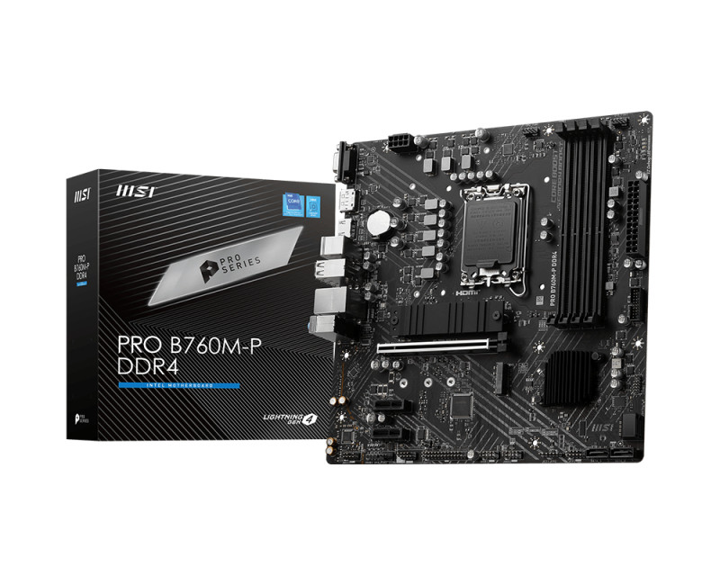 MSI | PRO B760M-P | Processor family Intel | Processor socket  LGA1700 | DDR5 DIMM | Memory slots 4 | Supported hard disk drive interfaces 	SATA, M.2 | Number of SATA connectors 4 | Chipset Intel B760 | mATX