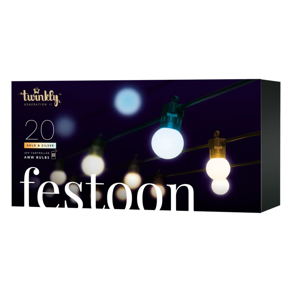 Twinkly | Festoon Smart LED Lights 20 AWW (Gold+Silver) G45 bulbs, 10m | AWW – Cool to Warm white