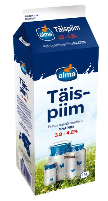 Täispiim ALMA vaba rasvasisaldusega 3,8-4,2% 1,5L (kogus 2 tükki)