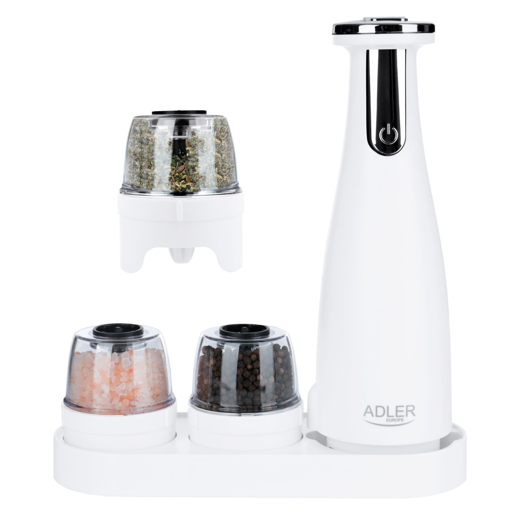 Adler | Electric Salt and pepper grinder | AD 4449w | Grinder | 7 W | Housing material ABS plastic | Lithium | Mills with ceramic querns; Charging light; Auto power off after: 3 minutes; Fully charged for 120 minutes of continuous use; Charging time: 2.5 hours; Cable charging: USB-C-USB-A; Grinder capacity: 150ml; Included: base, 3 replaceable grin