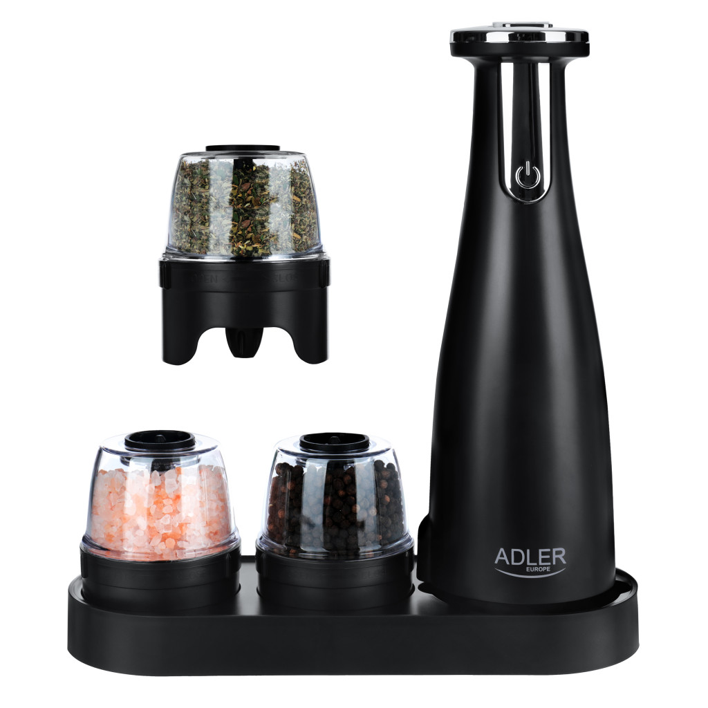 Adler | Electric Salt and pepper grinder | AD 4449b | Grinder | 7 W | Housing material ABS plastic | Lithium | Mills with ceramic querns; Charging light; Auto power off after: 3 minutes; Fully charged for 120 minutes of continuous use; Charging time: 2.5 hours; Cable charging: USB-C-USB-A; Grinder capacity: 150ml; Included: base, 3 replaceable grin