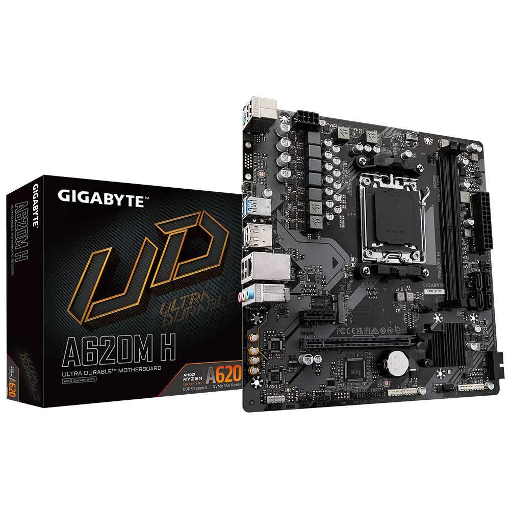 Gigabyte | A620M H 1.0 M/B | Processor family AMD | Processor socket AM5 | DDR5 DIMM | Memory slots 2 | Supported hard disk drive interfaces 	SATA, M.2 | Number of SATA connectors 4 | Chipset AMD A620 | Micro ATX