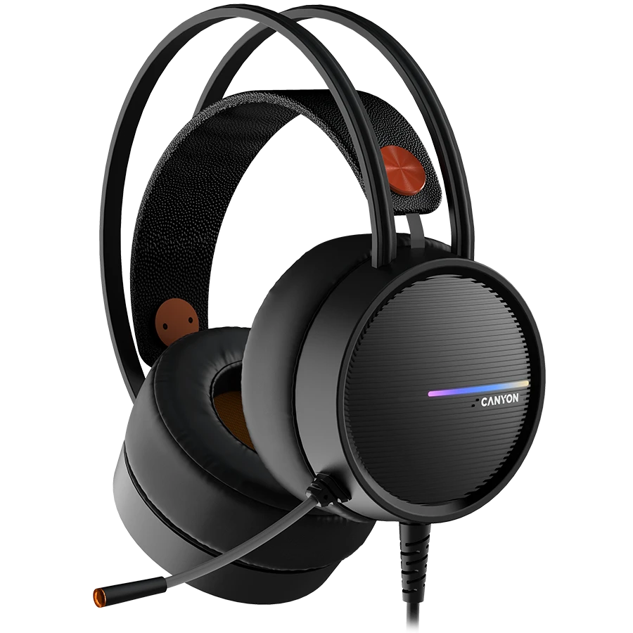 CANYON INTERCEPTOR GH-8A, Gaming headset 3.5mm jack plus USB connector for LED backlight, adjustable microphone and volume control, with 2in1 3.5mm adapter, cable 2M, Black and Orange, 0.36kg