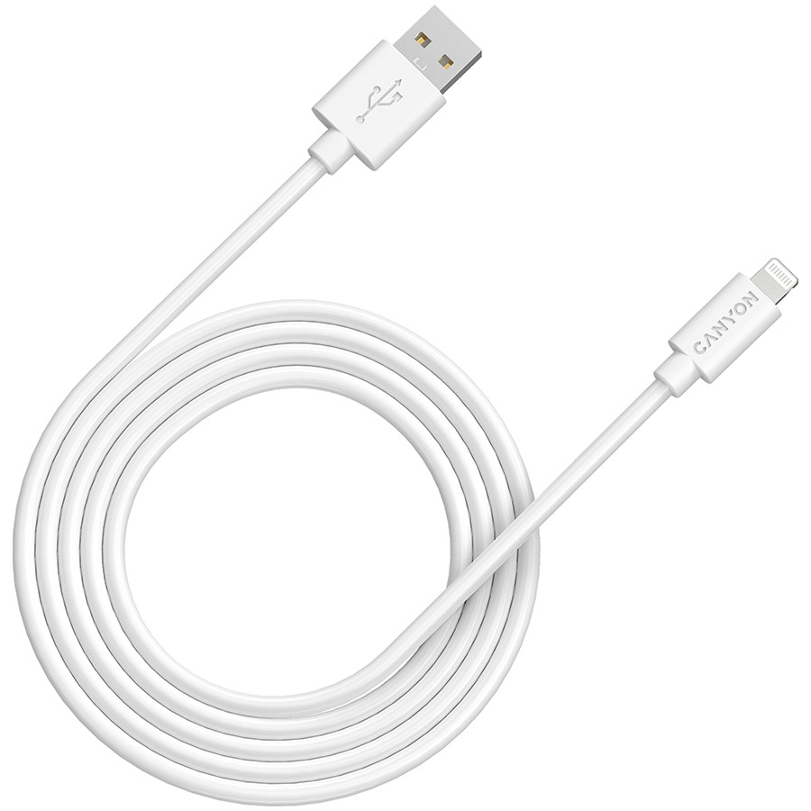 CANYON MFI-12, Lightning USB Cable for Apple , round, PVC, 2M, OD:4.0mm, Power+signal wire: 21AWG*2C+28AWG*2C,  Data transfer speed:26MB/s, White.  With shield , with CANYON logo and CANYON package.  Certification: ROHS, MFI.