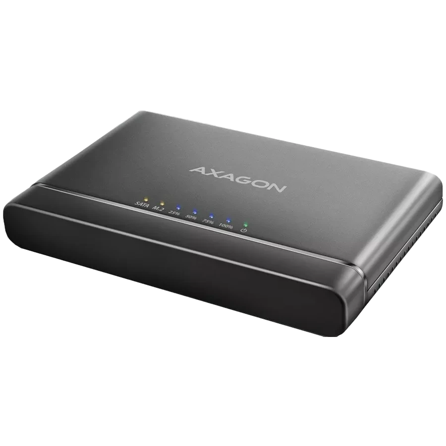 Axagon USB 3.2 Gen 2 adapter for connecting NVMe M.2 SSDs and SATA 2.5"/3.5" drives with cloning function.