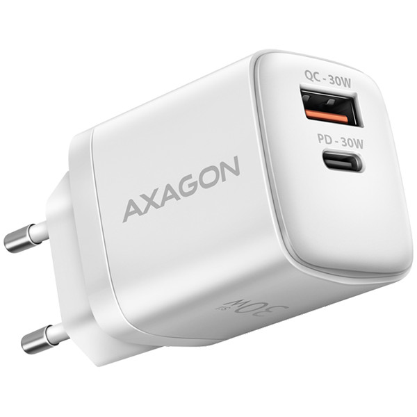 Axagon Sil wallcharger 2x port (USB-A + USB-C), PD3.0/QC4+/PPS/AFC/Apple. 30W total power.