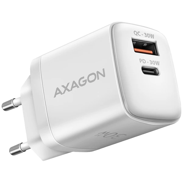 Axagon Sil wallcharger 2x port (USB-A + USB-C), PD3.0/QC4+/PPS/AFC/Apple. 30W total power.