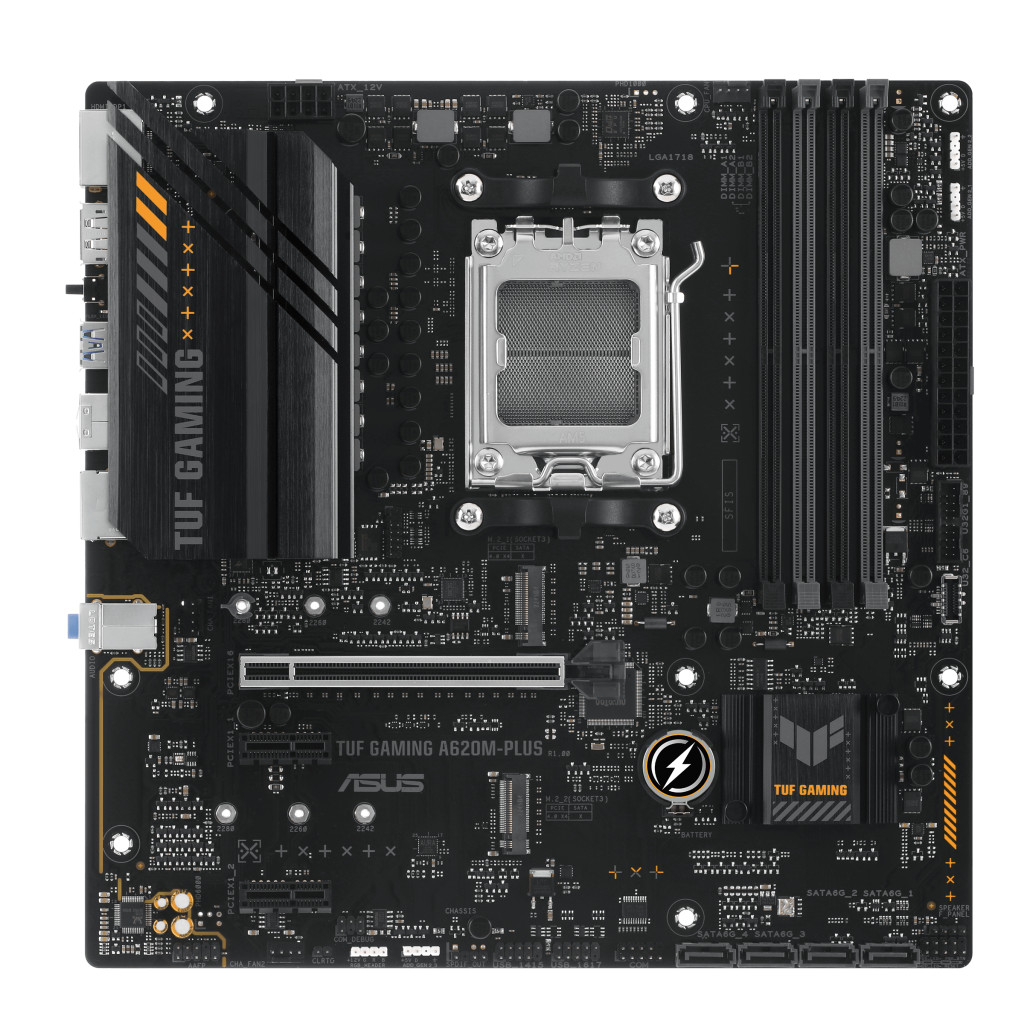 Asus | TUF GAMING A620M-PLUS | Processor family AMD | Processor socket AM5 | DDR5 DIMM | Memory slots 4 | Supported hard disk drive interfaces 	SATA, M.2 | Number of SATA connectors 4 | Chipset  AMD A620 | Micro-ATX