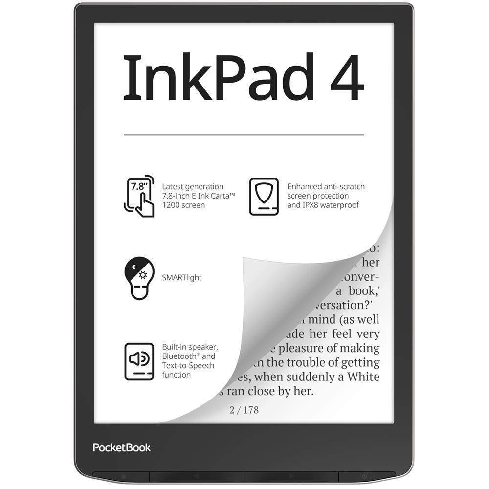 E-Reader|POCKETBOOK|InkPad 4|7.8"|1872x1404|1xAudio-Out|1xUSB-C|Micro SD|Wireless LAN|Bluetooth|PB743G-U-WW