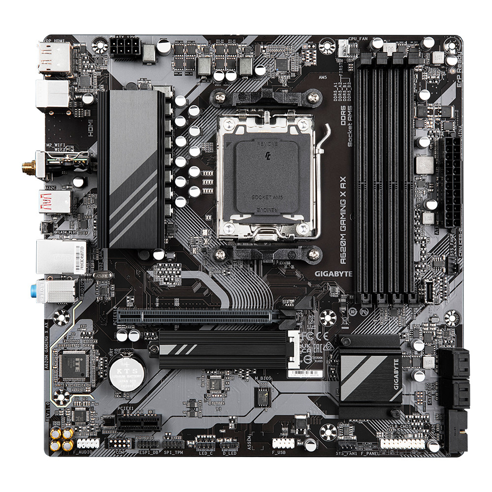 Gigabyte | A620M GAMING X AX 1.0 M/B | Processor family AMD | Processor socket AM5 | DDR5 DIMM | Memory slots 4 | Supported hard disk drive interfaces 	SATA, M.2 | Number of SATA connectors 4 | Chipset AMD A620 | Micro ATX