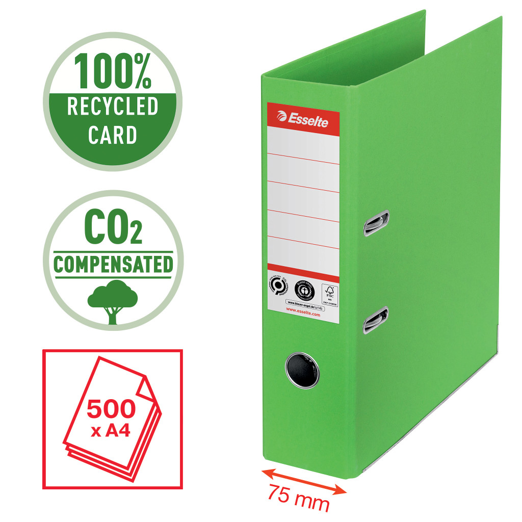 Registraator ESSELTE No1 CO2 Neutral, A4, kartong, 75 mm, roheline