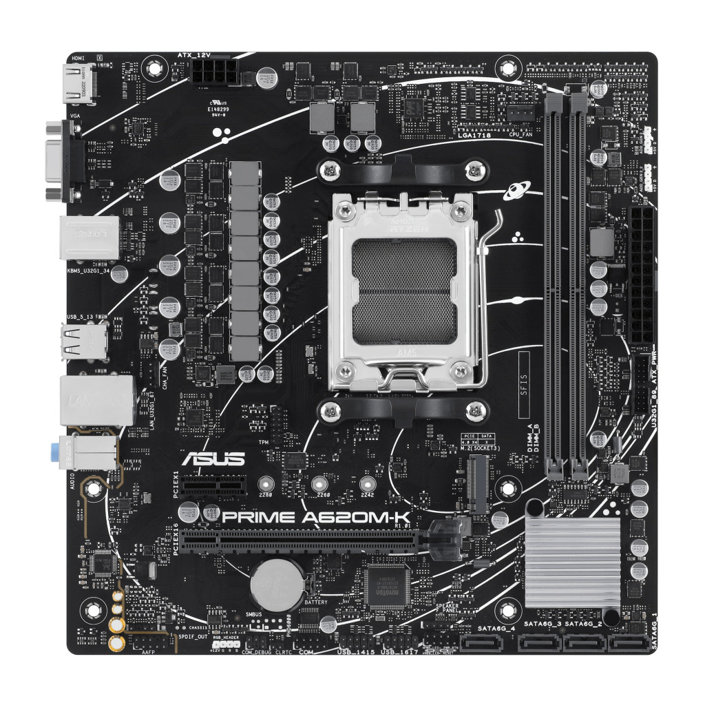 Asus | PRIME A620M-K | Processor family AMD | Processor socket AM5 | DDR5 DIMM | Memory slots 2 | Supported hard disk drive interfaces 	SATA, M.2 | Number of SATA connectors 4 | Chipset AMD A620 | micro-ATX