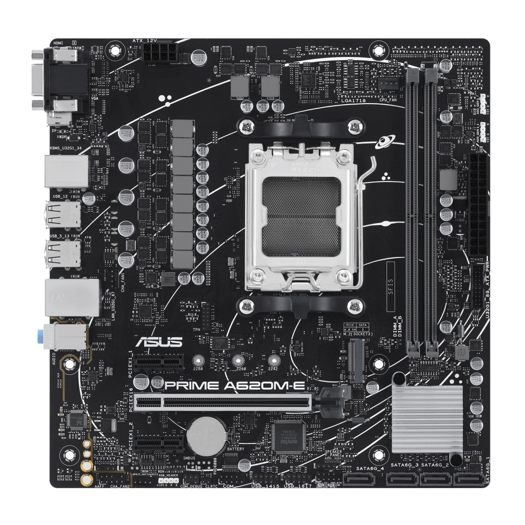Asus | PRIME A620M-E | Processor family AMD | Processor socket AM5 | DDR5 DIMM | Memory slots 2 | Supported hard disk drive interfaces SATA, M.2 | Number of SATA connectors 4 | Chipset AMD A620 | Micro-ATX