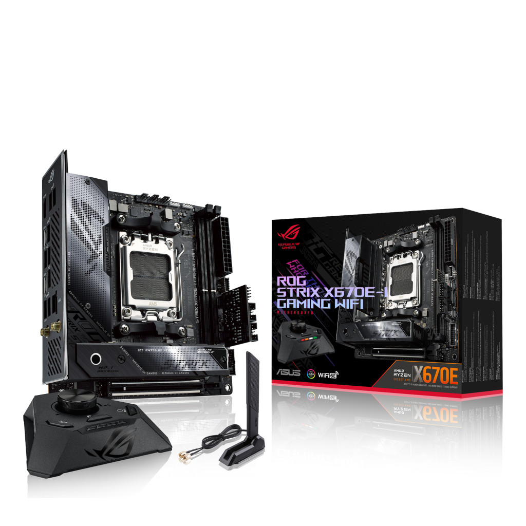 Asus | ROG STRIX X670E-I GAMING WIFI | Processor family AMD | Processor socket AM5 | DDR5 DIMM | Memory slots 2 | Supported hard disk drive interfaces SATA, M.2 | Number of SATA connectors 2 | Chipset  AMD X670 | Mini-ITX
