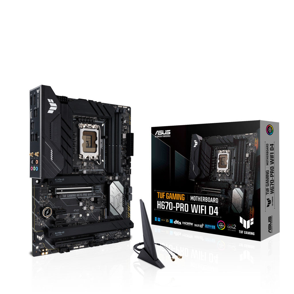 Asus | TUF GAMING H670-PRO WIFI D4 | Processor family Intel | Processor socket  LGA1700 | DDR4 DIMM | Memory slots 4 | Supported hard disk drive interfaces SATA, M.2 | Number of SATA connectors 4 | Chipset H670 | ATX