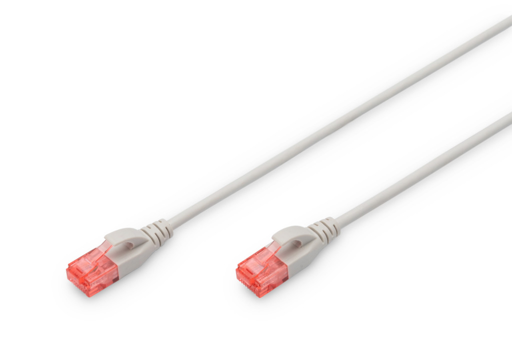 Digitus | Patch cord | CAT 6 U-UTP  Slim patch cord | 2 m | Grey | Modular RJ45 (8/8) plug | Transparent red coloured connector for easy identification of Category 6 (250 MHz). Inner conductors: Copper (Cu)