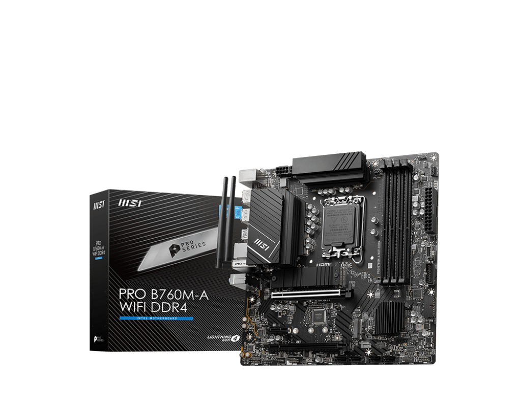 MSI | PRO B760M-A WIFI | Processor family Intel | Processor socket  LGA1700 | Memory slots 4 | Supported hard disk drive interfaces 	SATA, M.2 | Number of SATA connectors 4 | Chipset Intel B760 | mATX