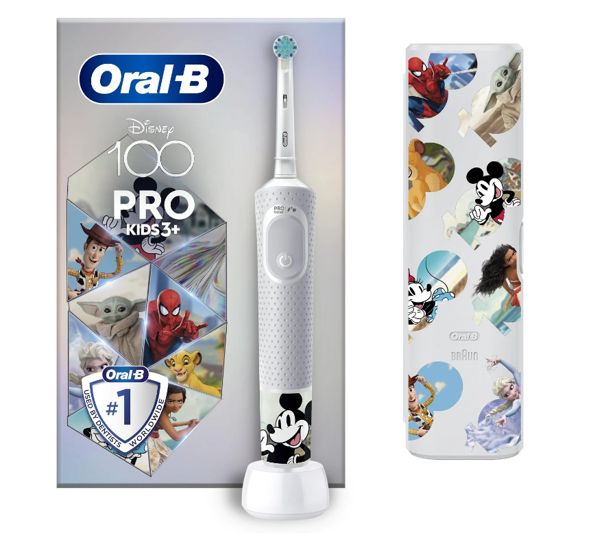 Oral-B | Vitality PRO Kids Disney 100 | Electric Toothbrush with Travel Case | Rechargeable | For kids | Number of brush heads included 1 | Number of teeth brushing modes 2 | White