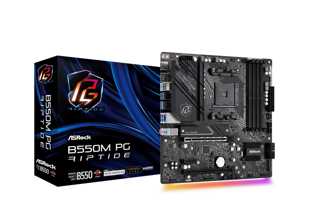 ASRock | B550M PG Riptide | Processor family AMD | Processor socket AM4 | DDR4 DIMM | Memory slots 4 | Supported hard disk drive interfaces SATA3, M.2 | Number of SATA connectors 4 | Chipset AMD B550 | Micro ATX