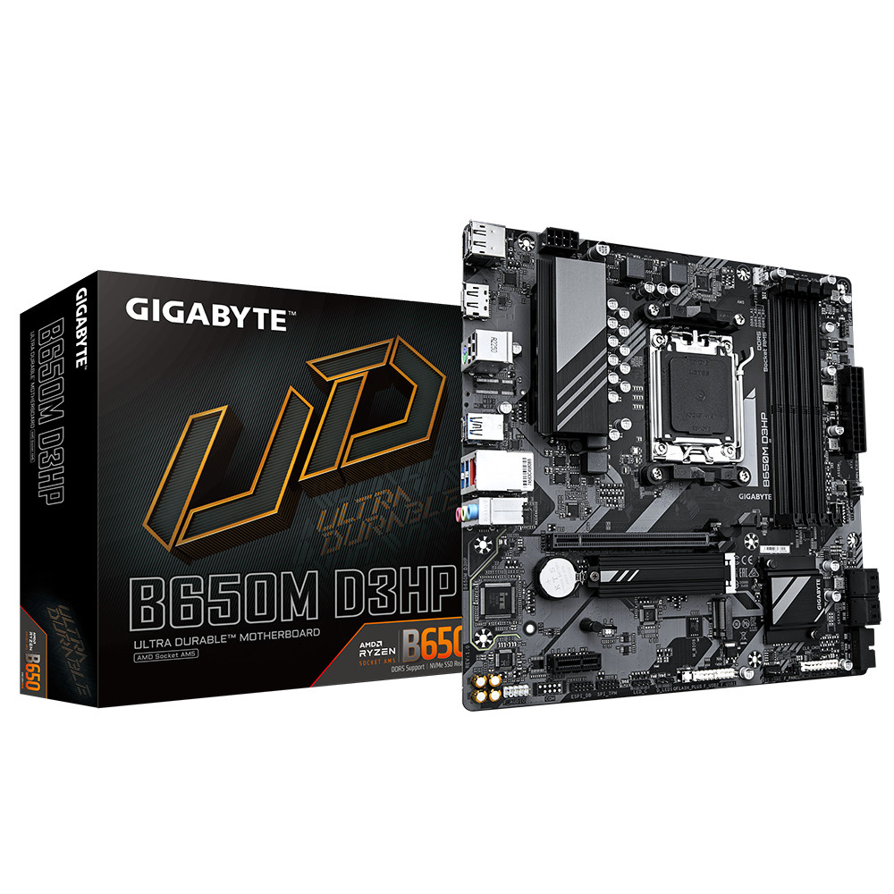 Gigabyte | B650M D3HP | Processor family AMD | Processor socket AM5 | DDR5 DIMM | Memory slots 1 | Supported hard disk drive interfaces SATA, M.2 | Number of SATA connectors 4 | Chipset AMD B650 | Micro ATX