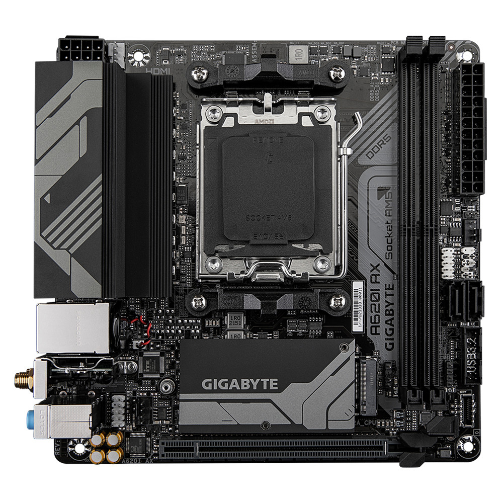 Gigabyte | A620I AX 1.0 | Processor family AMD | Processor socket AM5 | DDR5 DIMM | Supported hard disk drive interfaces SATA, M.2 | Number of SATA connectors 2