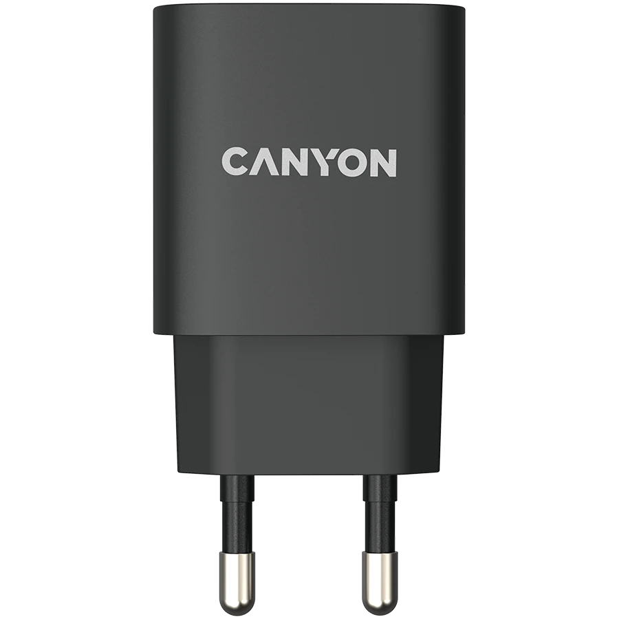 CANYON H-20, PD 20W Input: 100V-240V, Output: 1 port charge: USB-C:PD 20W (5V3A/9V2.22A/12V1.67A) , Eu plug, Over- Voltage ,  over-heated, over-current and short circuit protection Compliant with CE RoHs,ERP. Size: 80*42.3*30mm, 55g, Black