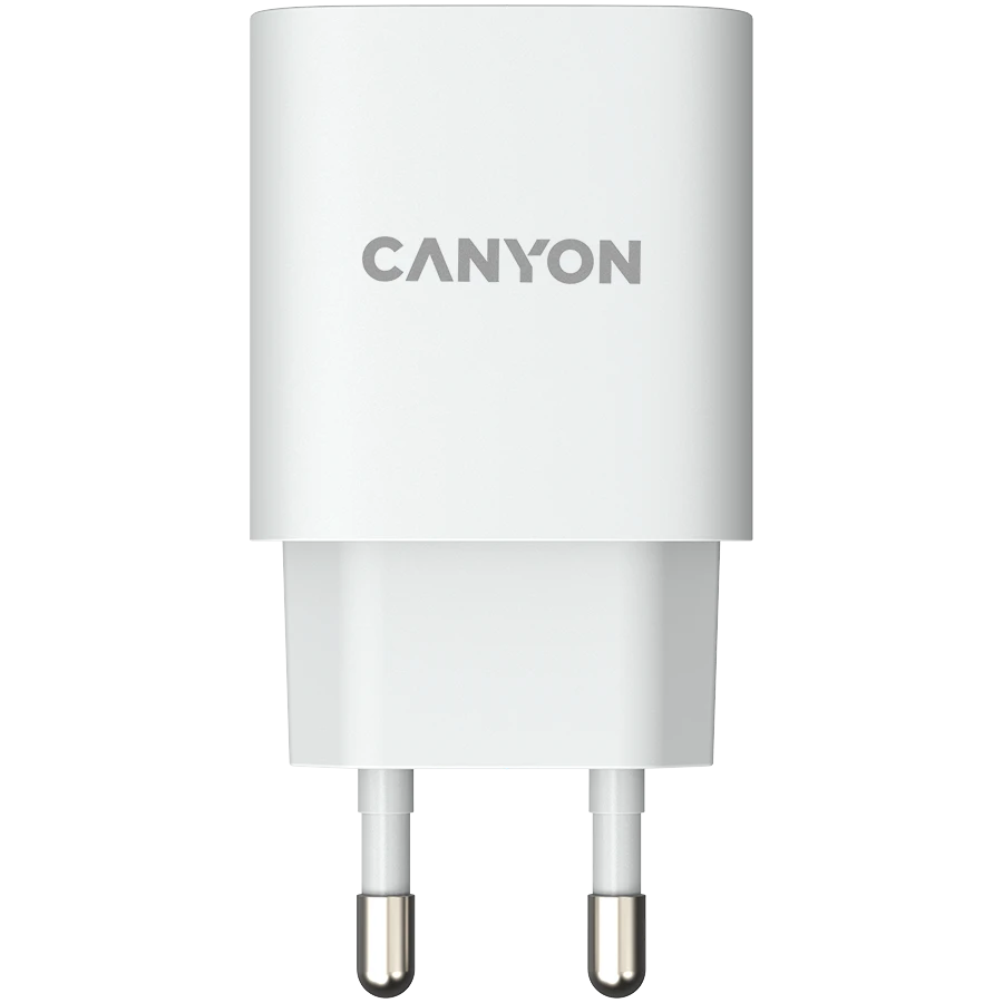 CANYON H-20, PD 20W Input: 100V-240V, Output: 1 port charge: USB-C:PD 20W (5V3A/9V2.22A/12V1.67A) , Eu plug, Over- Voltage ,  over-heated, over-current and short circuit protection Compliant with CE RoHs,ERP. Size: 80*42.3*30mm, 55g, White