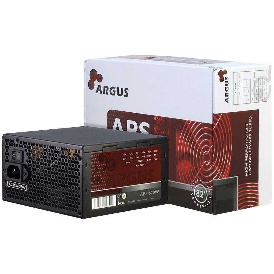 Power Supply INTER-TECH Argus APS 620W, efficiency 86.3%, dual rail (30A/30A), 120 mm silent fan with automatic control, 1x6+2pinPCIE, 4xSATA, 4xMolex, 1xFloppy, 1x4+4pinEPS12V, Active PFC, OVP/SCP/OPP/UVP/OS protection