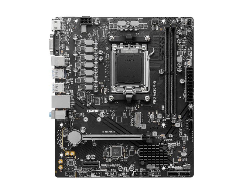 MSI | PRO A620M-E | Processor family AMD | Processor socket AM5 | DDR5 | Supported hard disk drive interfaces SATA, M.2 | Number of SATA connectors 4