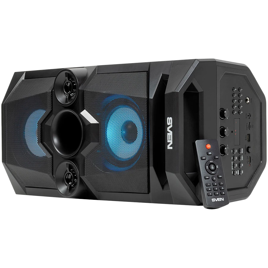 SVEN PS-655 2x25W; LED display; TWS; FM radio; AUX; USB/SD-card support;Lighting; Microphone input (karaoke); Remote Control; Built-in equalizer