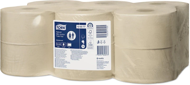 Tualettpaber TORK ADVANCED MINI JUMBO T2,120377, 2 kihti, 9,4 cm x 170 m, naturaalne sp. (kogus 12 tükki)
